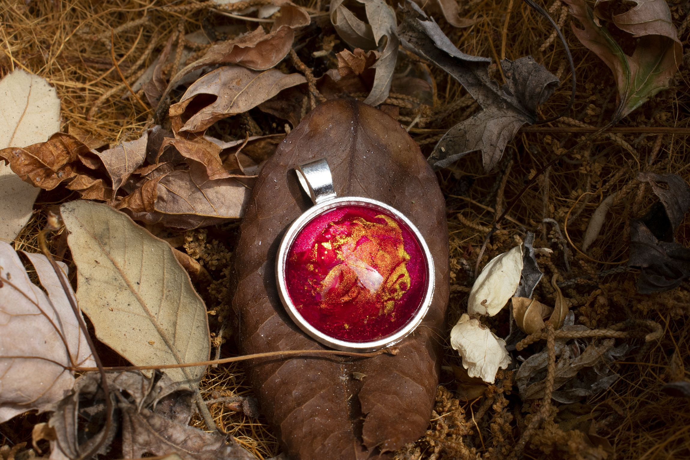 A red circle pendant surrounded by leaves