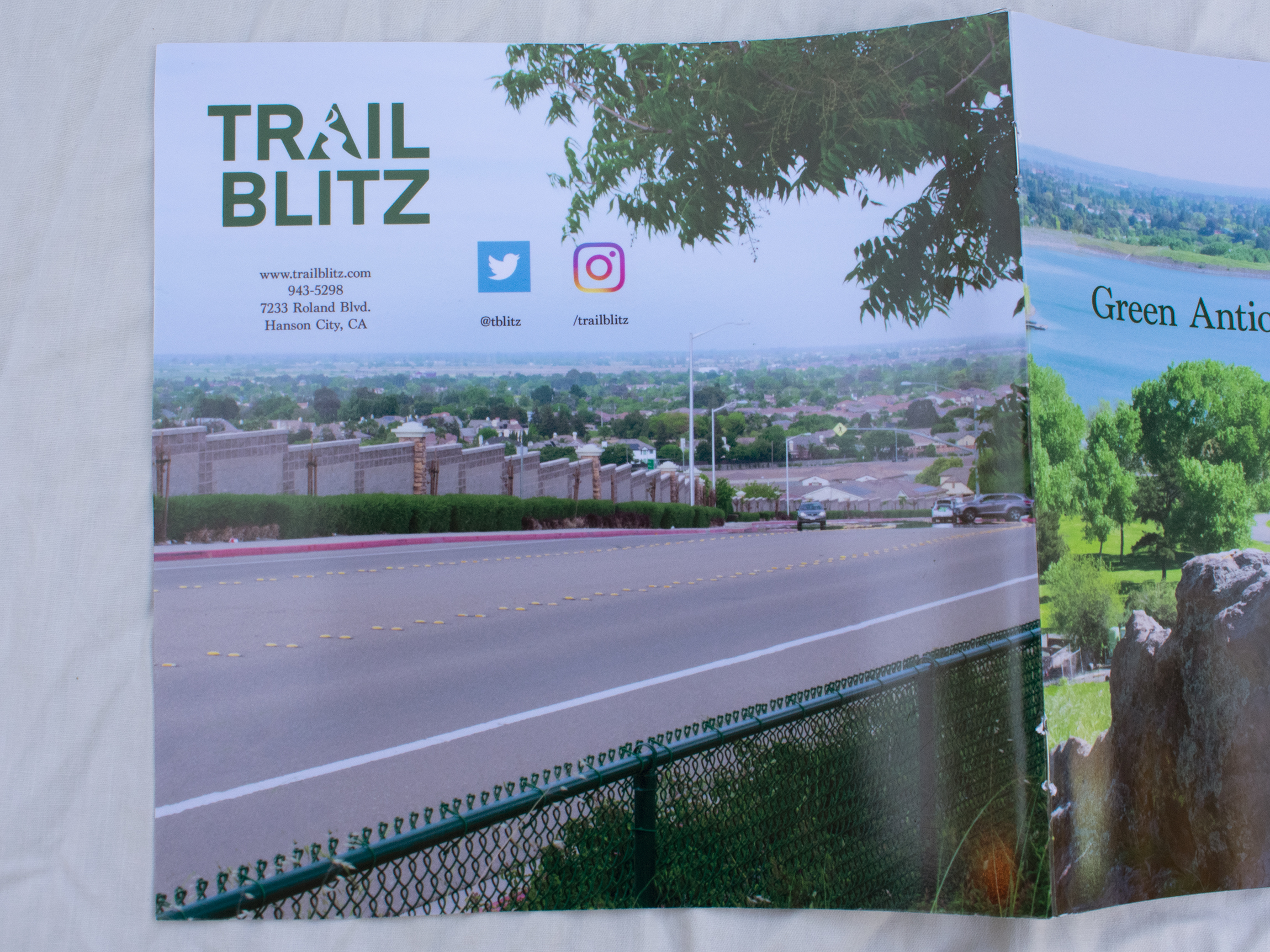 the backside of the Green Antioch booklet, it features social media and contact info