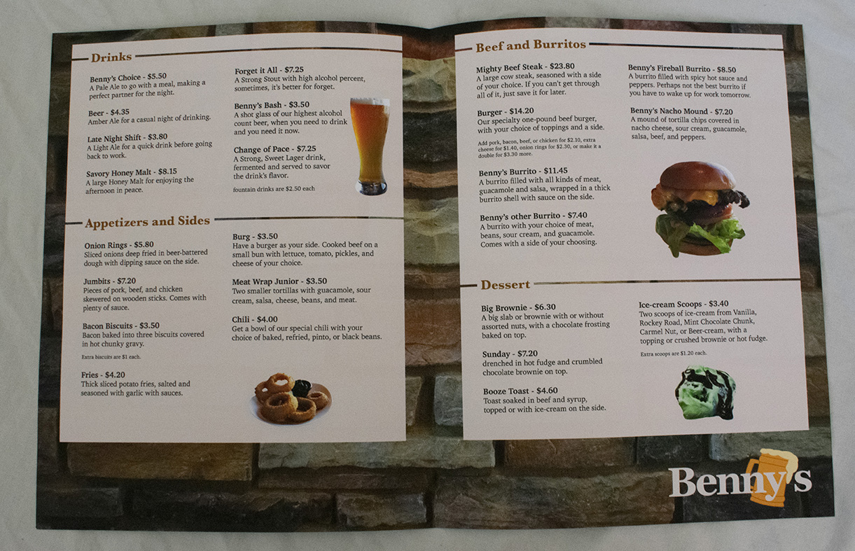 the interior of the Benny's Menu