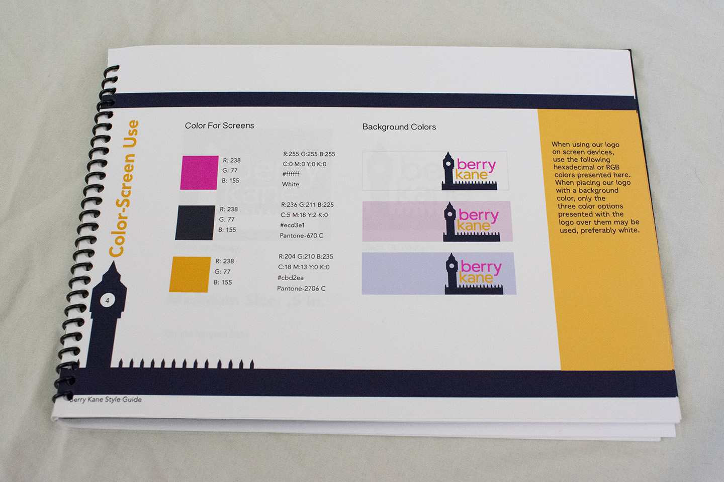 a page of the style guide instructing color and logo use